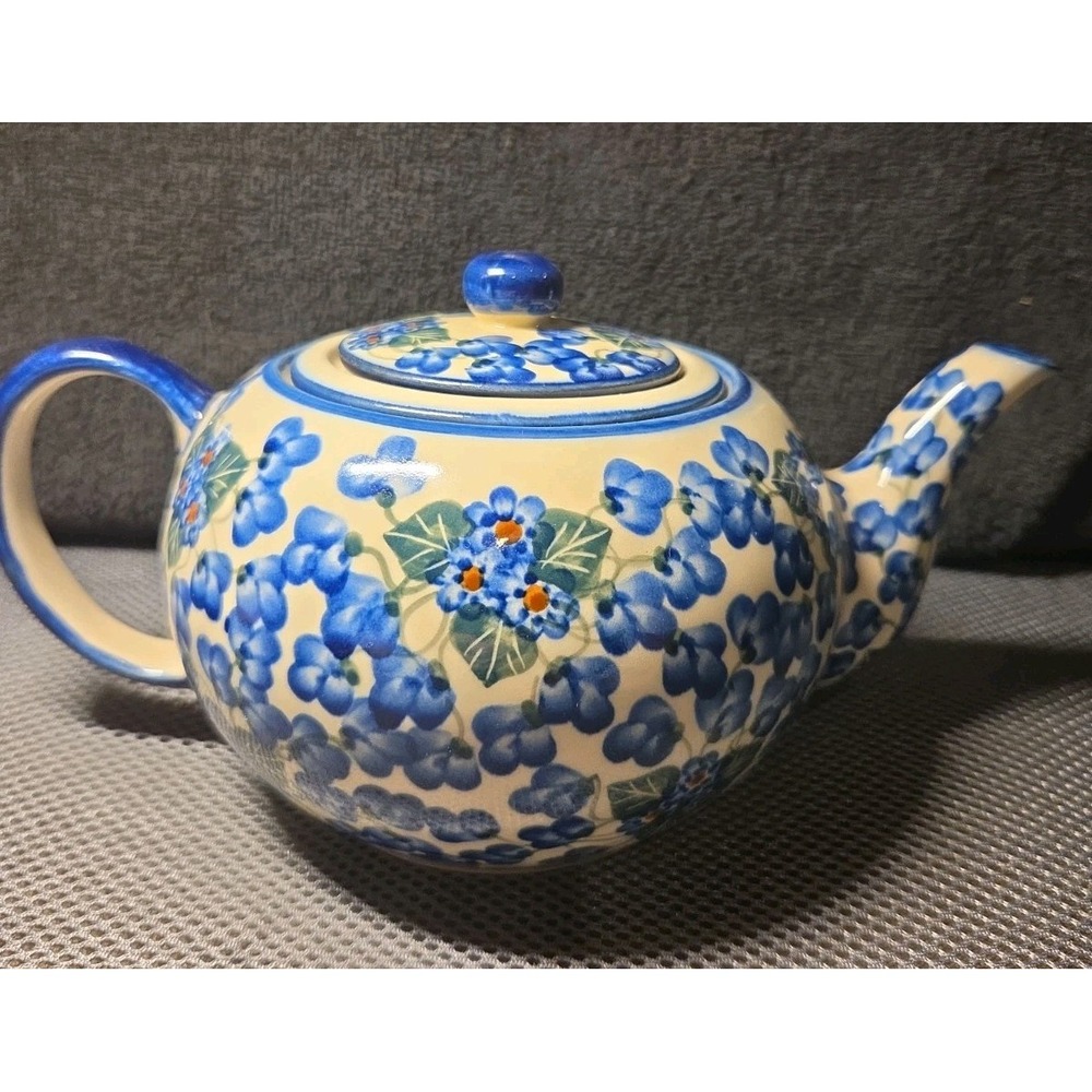 Boleslawiec Polish Pottery Tea Pot Blue Rose Royal Vine Stoneware Hand Made 4"